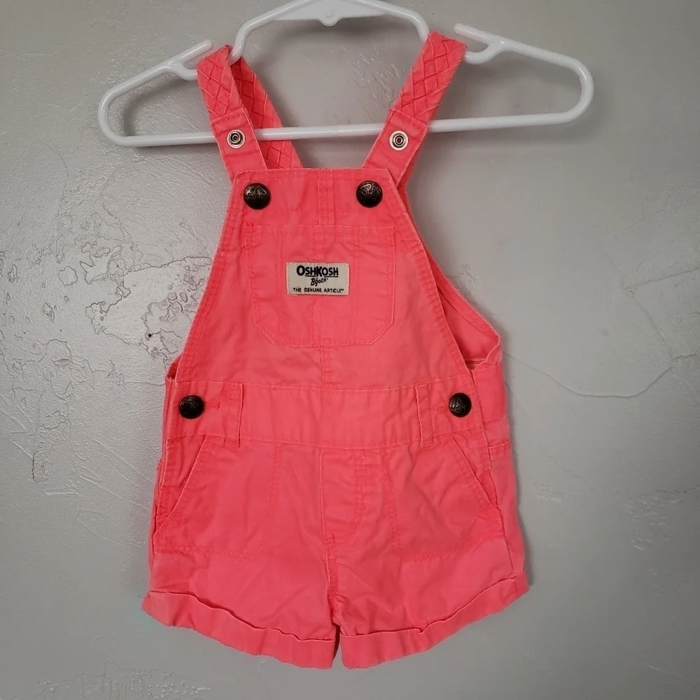 Oshkosh Baby Girl 3 Months Neon Coral Pink Overalls Shortalls Summer Spring